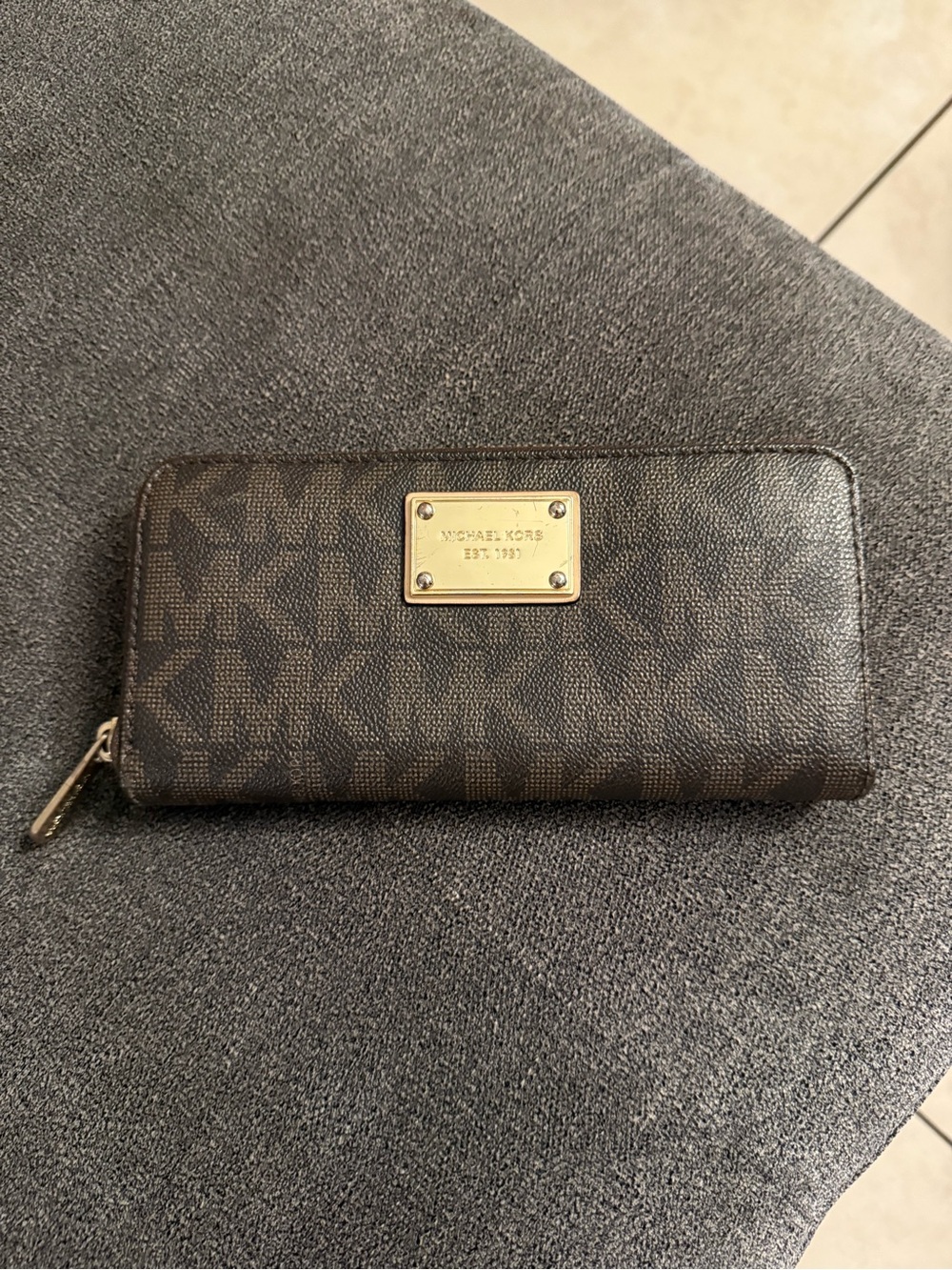 Michael Kors Brown MK Logo Zip Wallet with Gold Plaque